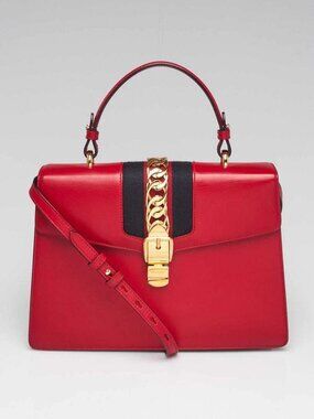 Gucci Red Leather Calfskin Leather Vintage Web Medium Sylvie Shoulder Bag